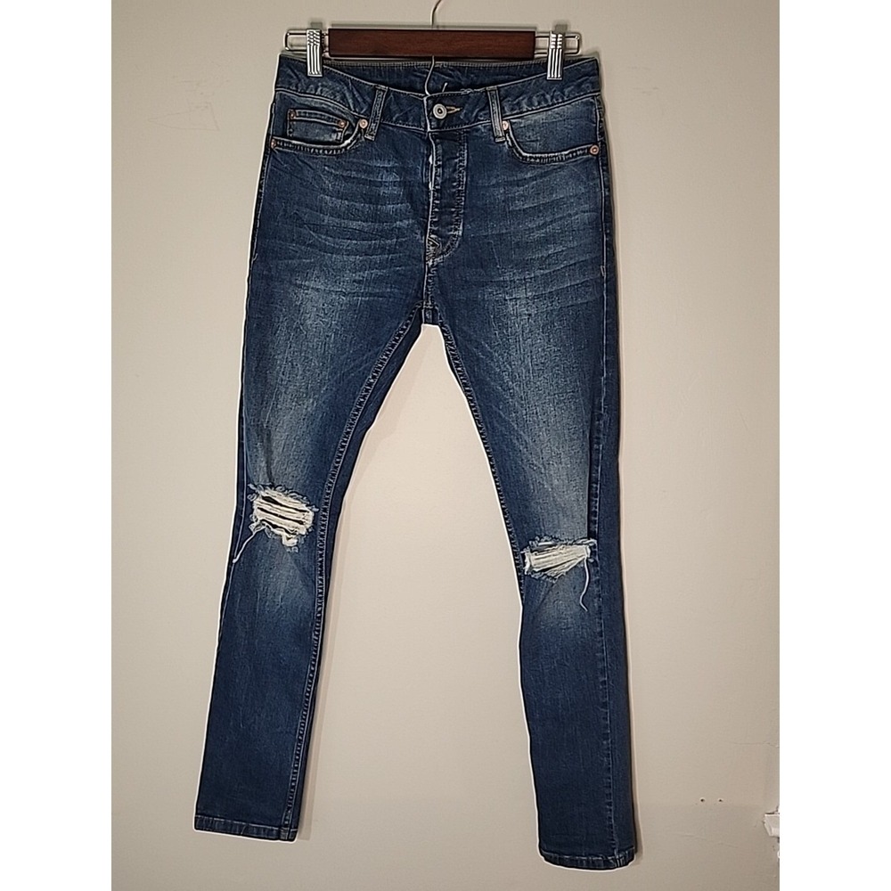 Topman Skinny Distressed Dark Wash Button Fly Jeans W28 L32
